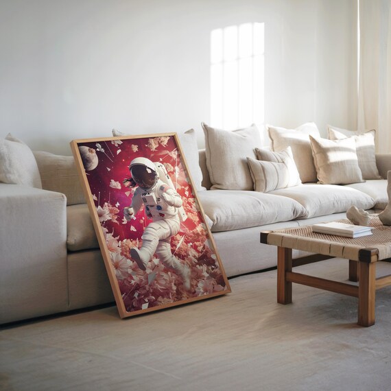 Astronaut Floating Among Pink Flowers Cosmic Bloom Surreal Space Poster