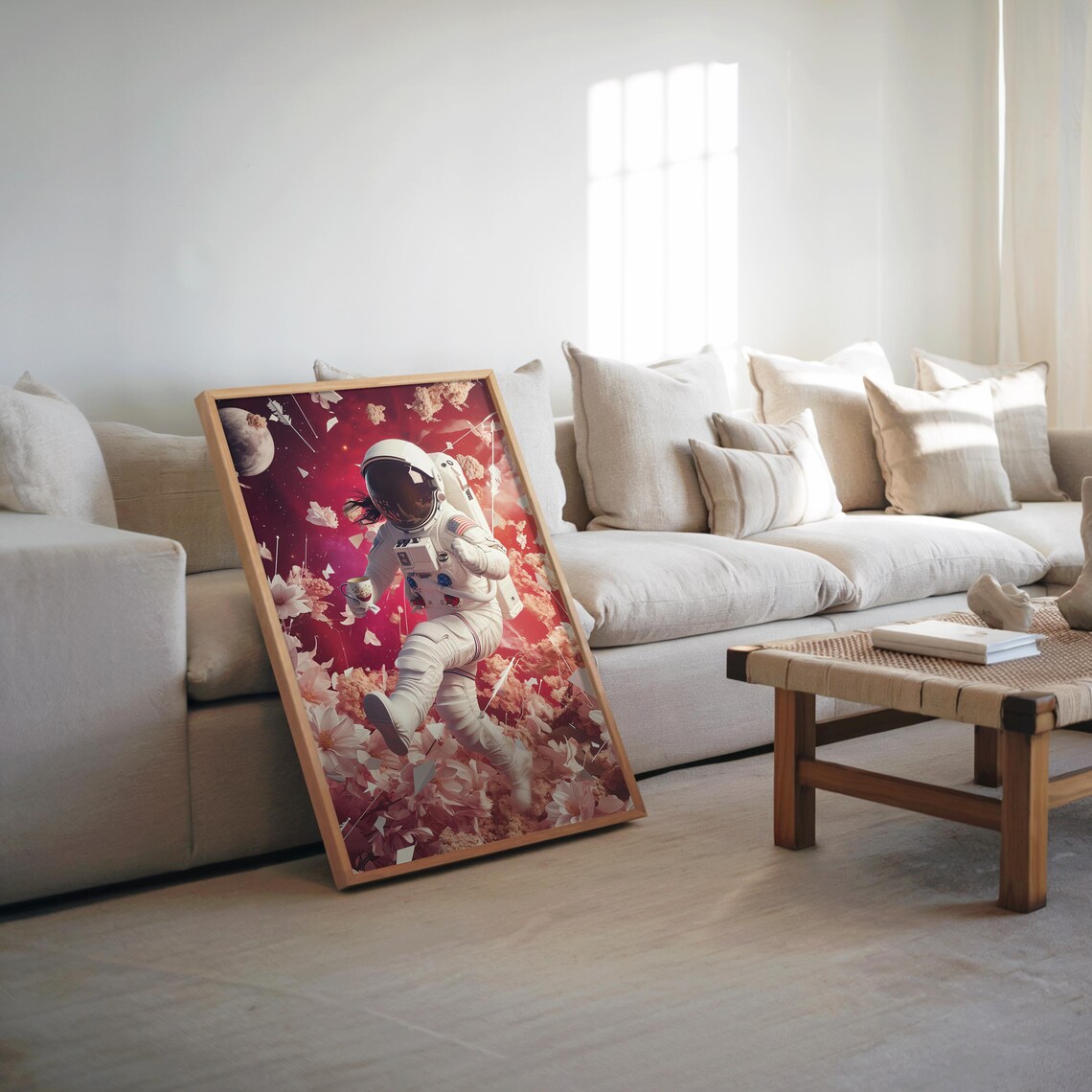 Astronaut Floating Among Pink Flowers Cosmic Bloom Surreal Space Poster