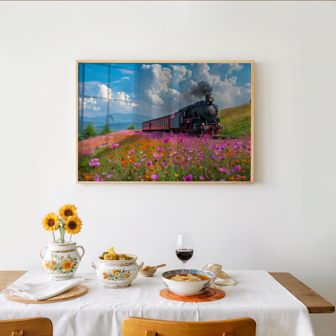 Steam Train Wildflower Field Vintage Locomotive Countryside Art Poster