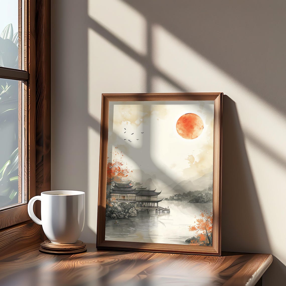 Moonlit Pagoda Impression Warm Muted Colors Art Poster Sky Full Moon Vibe Impressionistic Painting Water Illustr