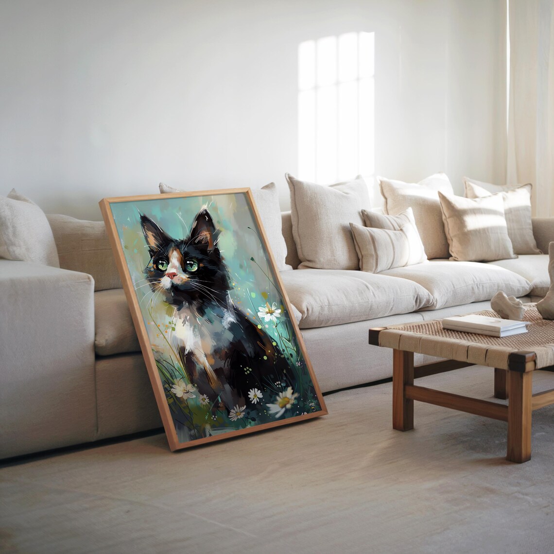 Black and White Tuxedo Cat Green Eyes Watercolor Floral Poster