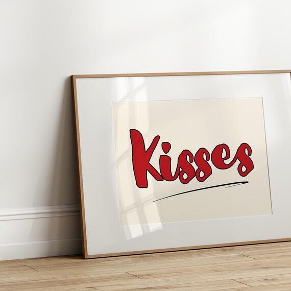 Kisses Typography Print Horizontal Red Retro Art Retro Wall Art Vintage Poster Living Room Decor Retro Poster Hallway Decor Dorm