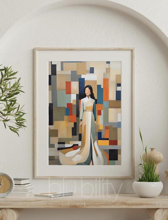 Vietnamese Ao Dai Modern Colorful Geometric Poster Vietnam Traditional Dress Decor Abstract Print Wedding White Ceremony