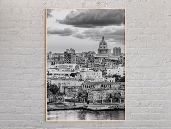 Vintage Havana Cuba City Skyline Black and White Photography Poster