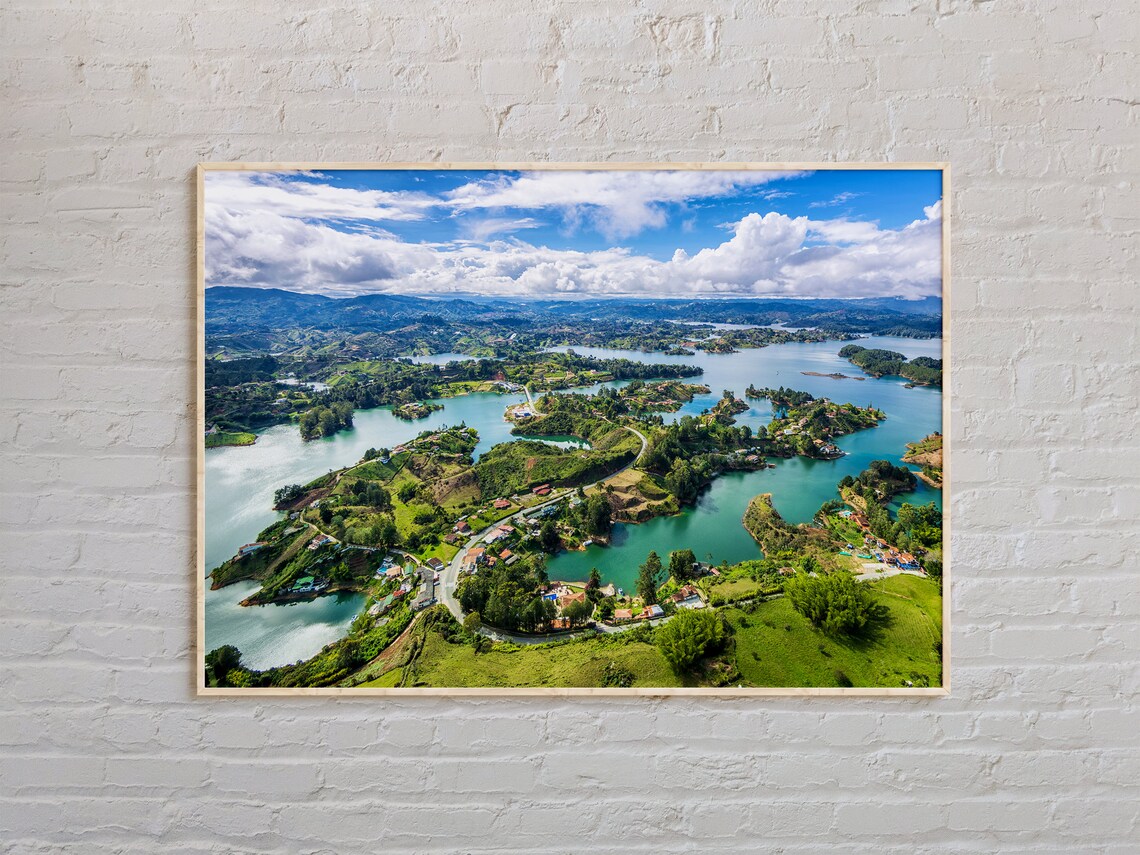 Turquoise Lake and Green Islands Aerial Landscape Photo Poster