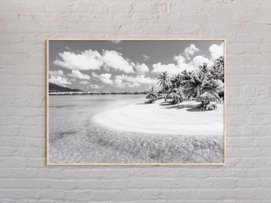 Bora Bora Tropical Beach Palm Trees Black and White Seascape Poster