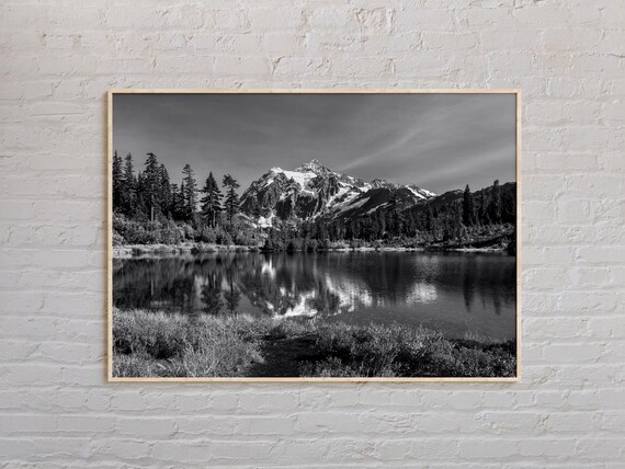 Black And White Snowy Mountain Lake Reflection Forest Poster