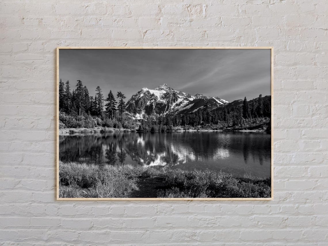 Black And White Snowy Mountain Lake Reflection Forest Poster