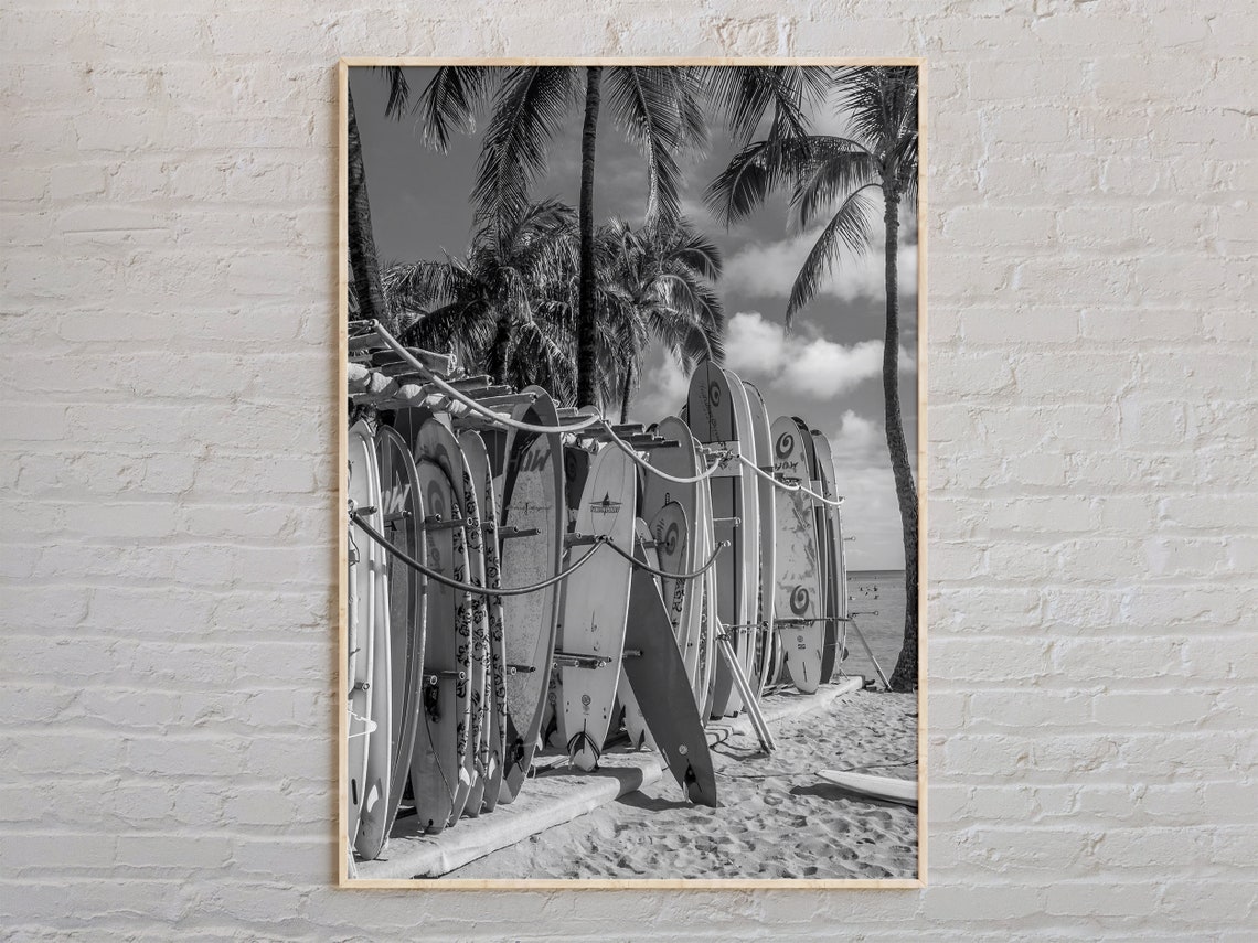 Hawaii Surfboards Rack Black and White Beach Palm Trees Travel Poster