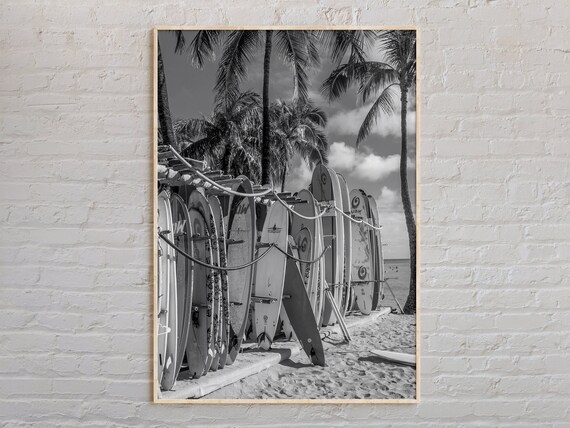 Hawaii Surfboards Rack Black and White Beach Palm Trees Travel Poster