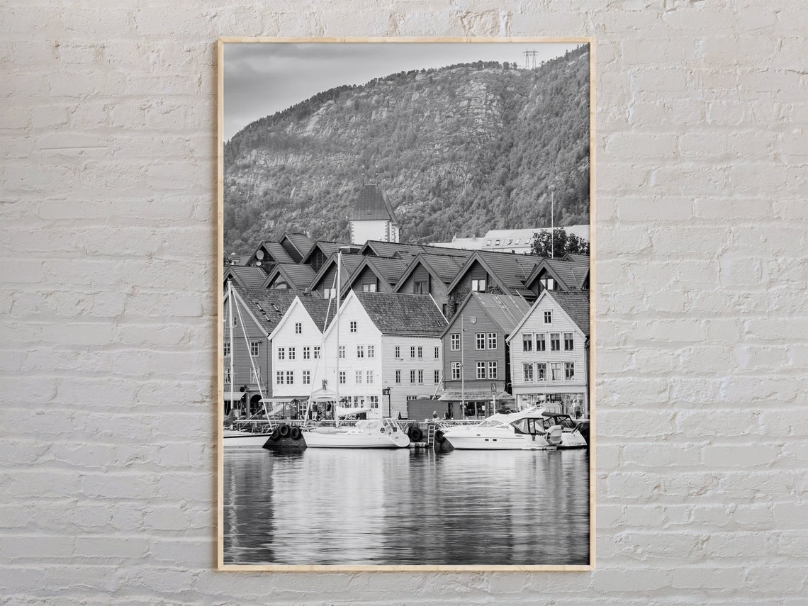 Black And White Waterfront Wharf Houses Harbor Photo Art Print