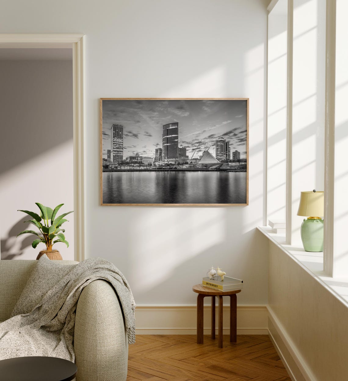 Milwaukee Lakefront Skyline Black and White Art Museum Dusk Poster - Image 5