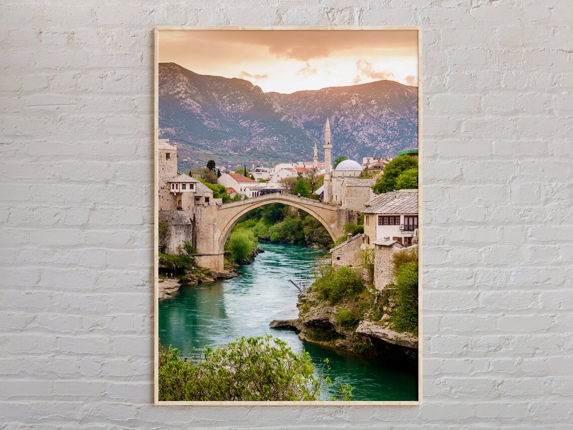 Mostar Stari Most Bridge Bosnia Sunset Old Town Photo Poster