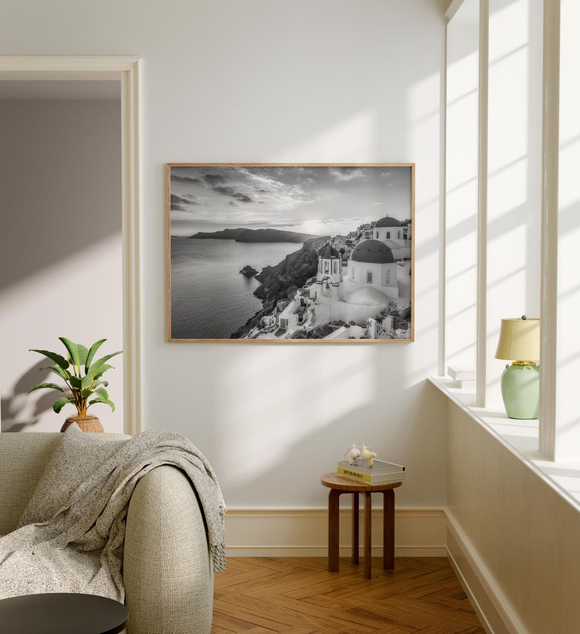 Santorini Domed Churches Over Caldera Sunset Black and White Poster - Image 5