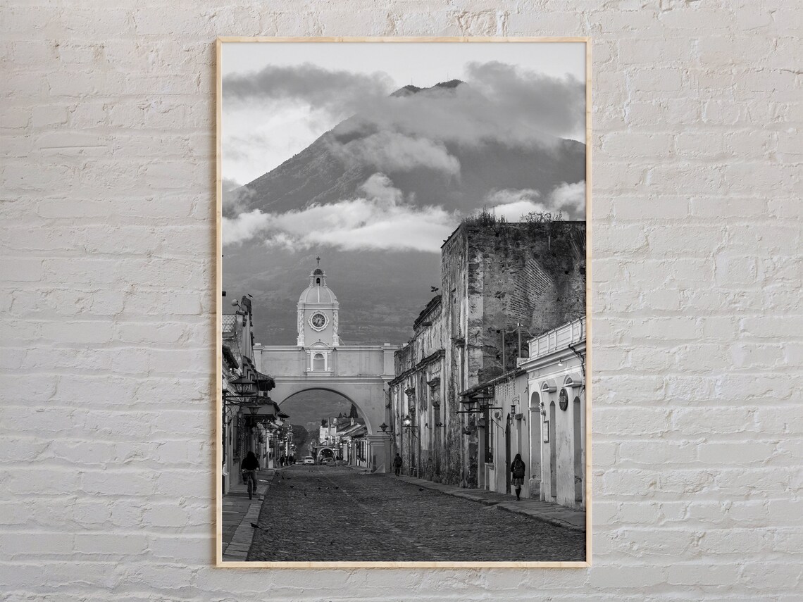Antigua Guatemala Santa Catalina Arch Volcano Black White Poster