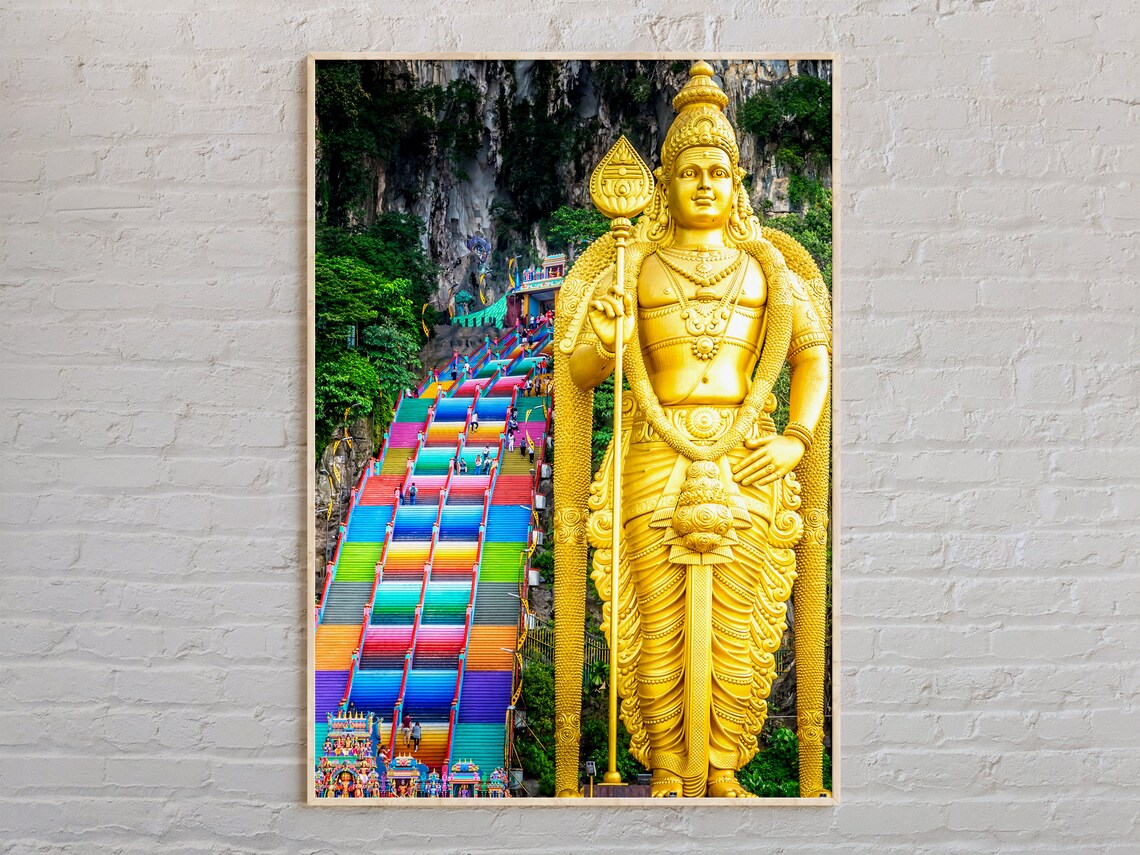 Golden Murugan Statue Rainbow Stairs Batu Caves Malaysia Photo Poster