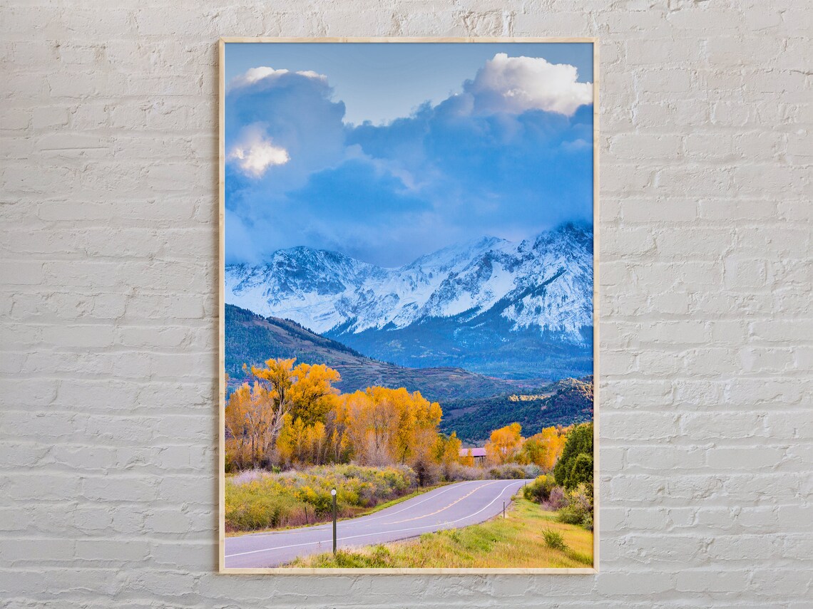 Colorado Mountain Road Golden Fall Aspens and Snow Peaks Poster