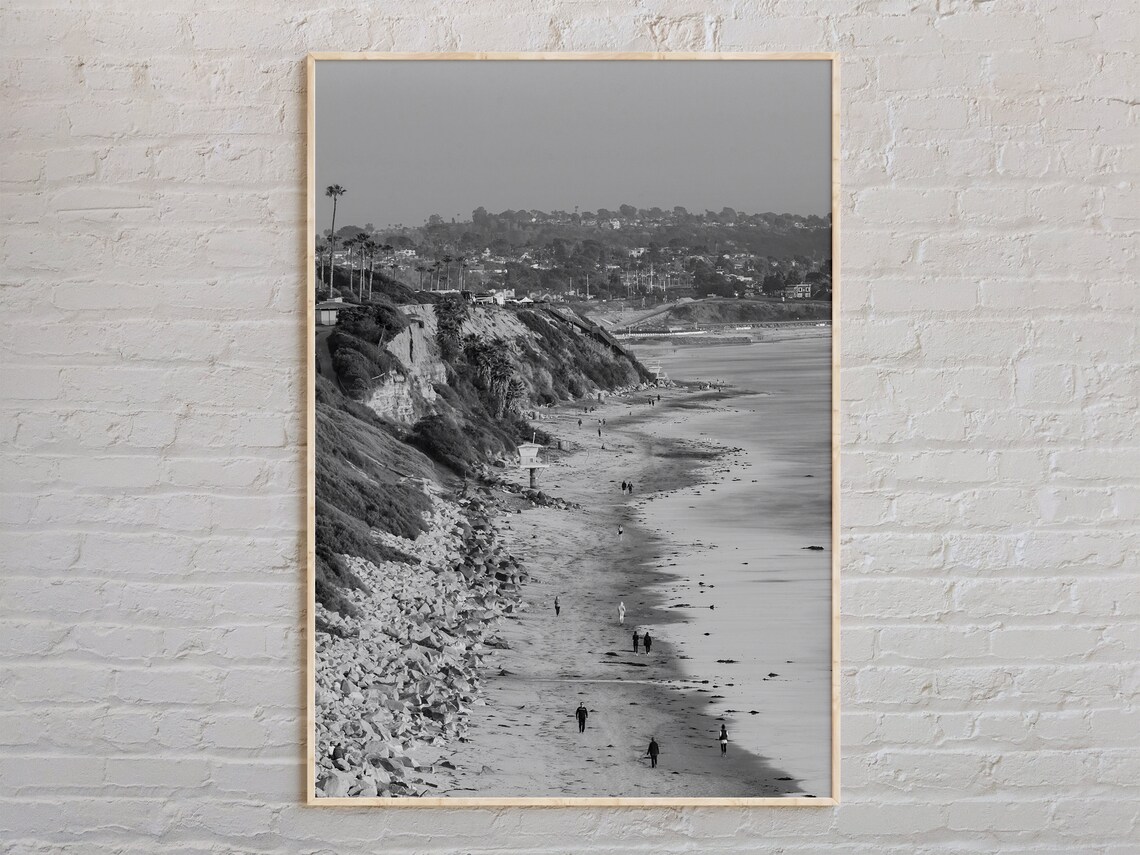 Encinitas California Cliffs Beach Black White Coastal Photo Poster