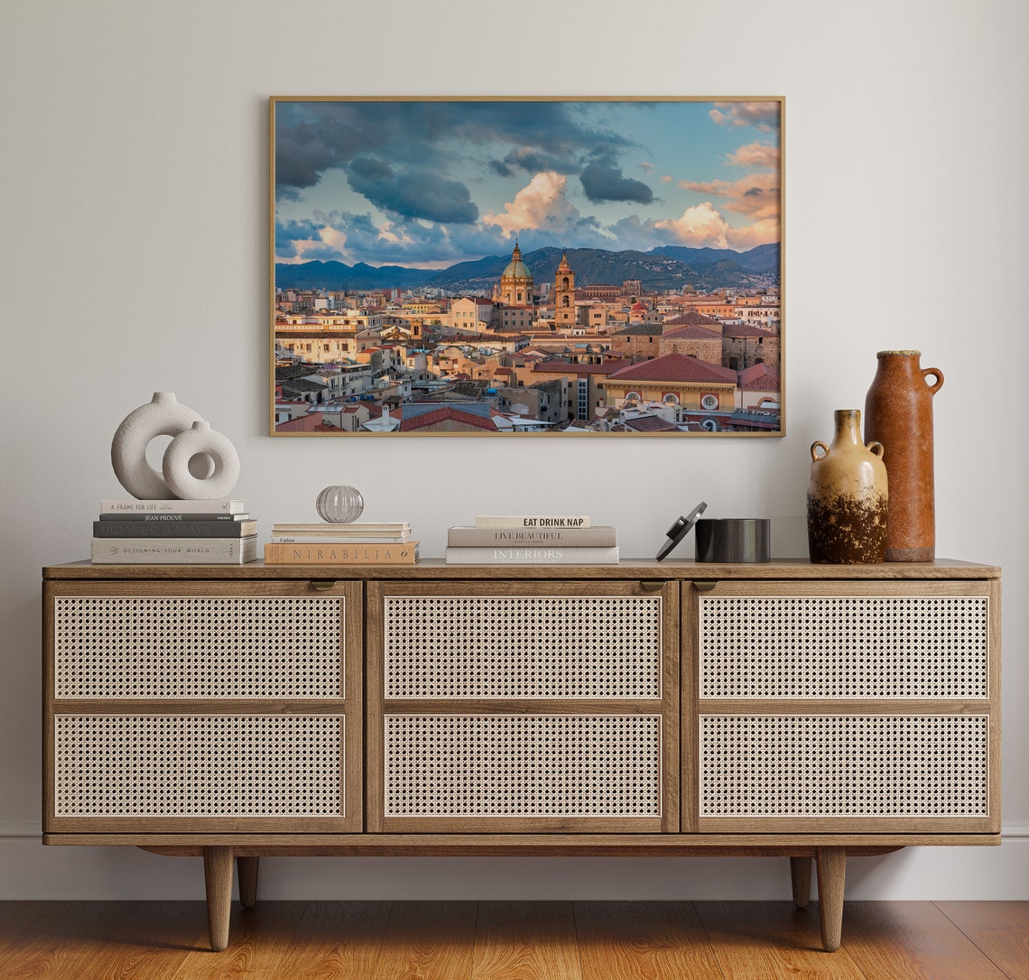 Palermo Sicily Old Town Sunset Rooftops Church Dome Mountain Poster - Image 4