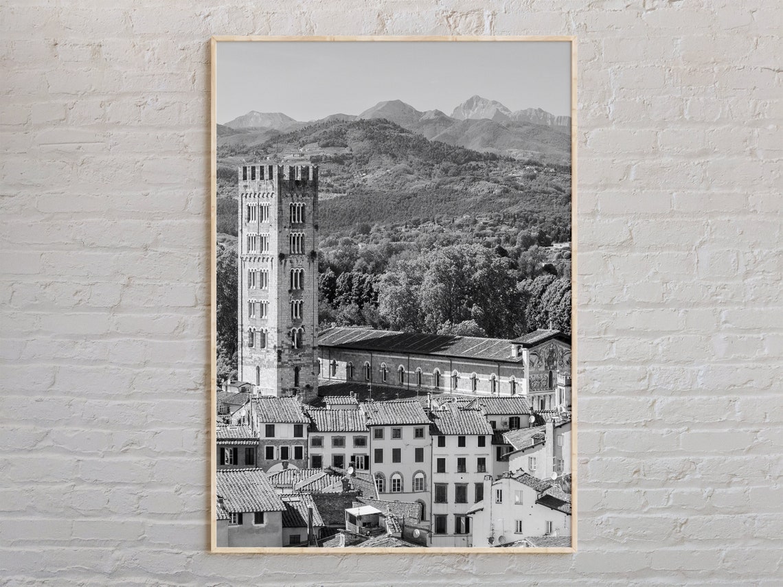 Lucca Italy Historic Stone Tower And Rooftops Black White Poster