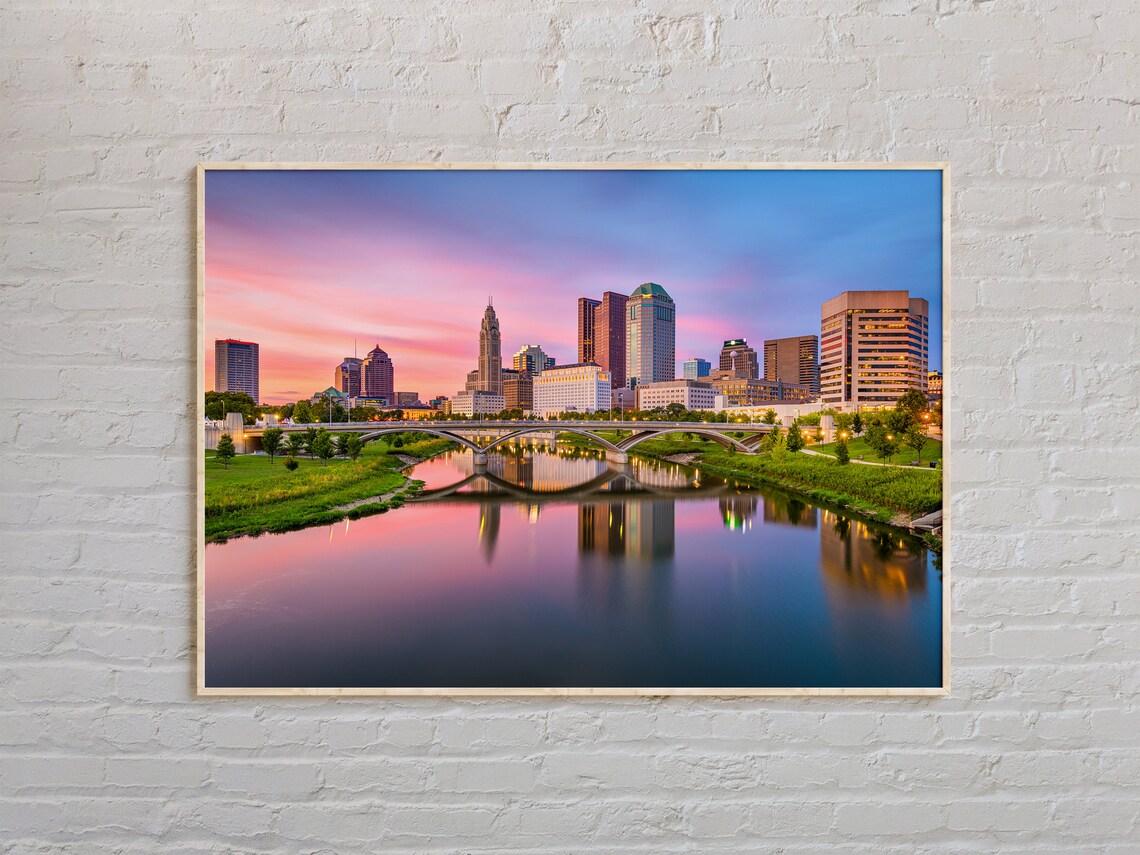 Columbus Ohio Skyline Sunset River Reflection City Landscape Poster