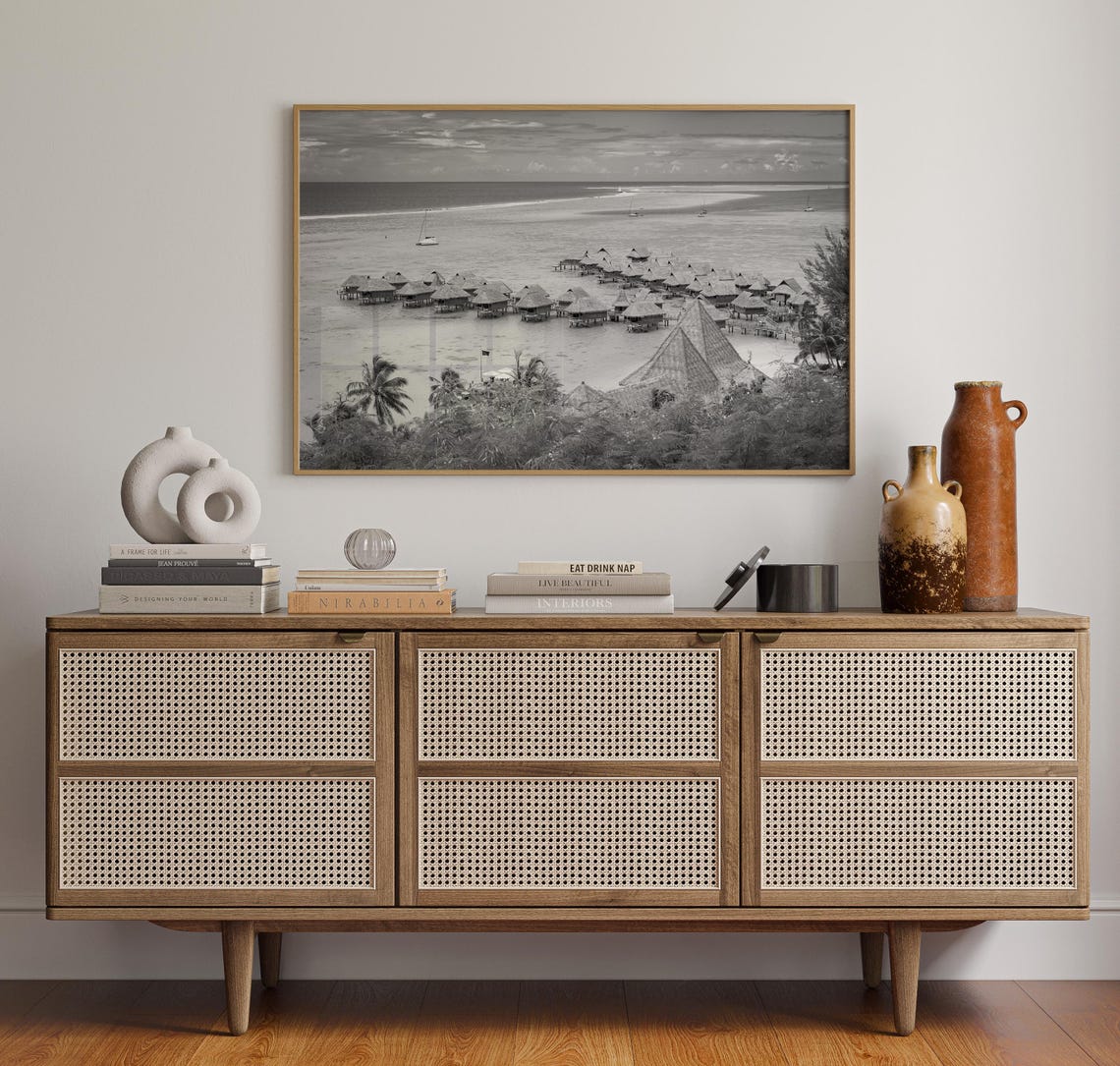French Polynesia Overwater Bungalows Lagoon Black and White Poster - Image 4