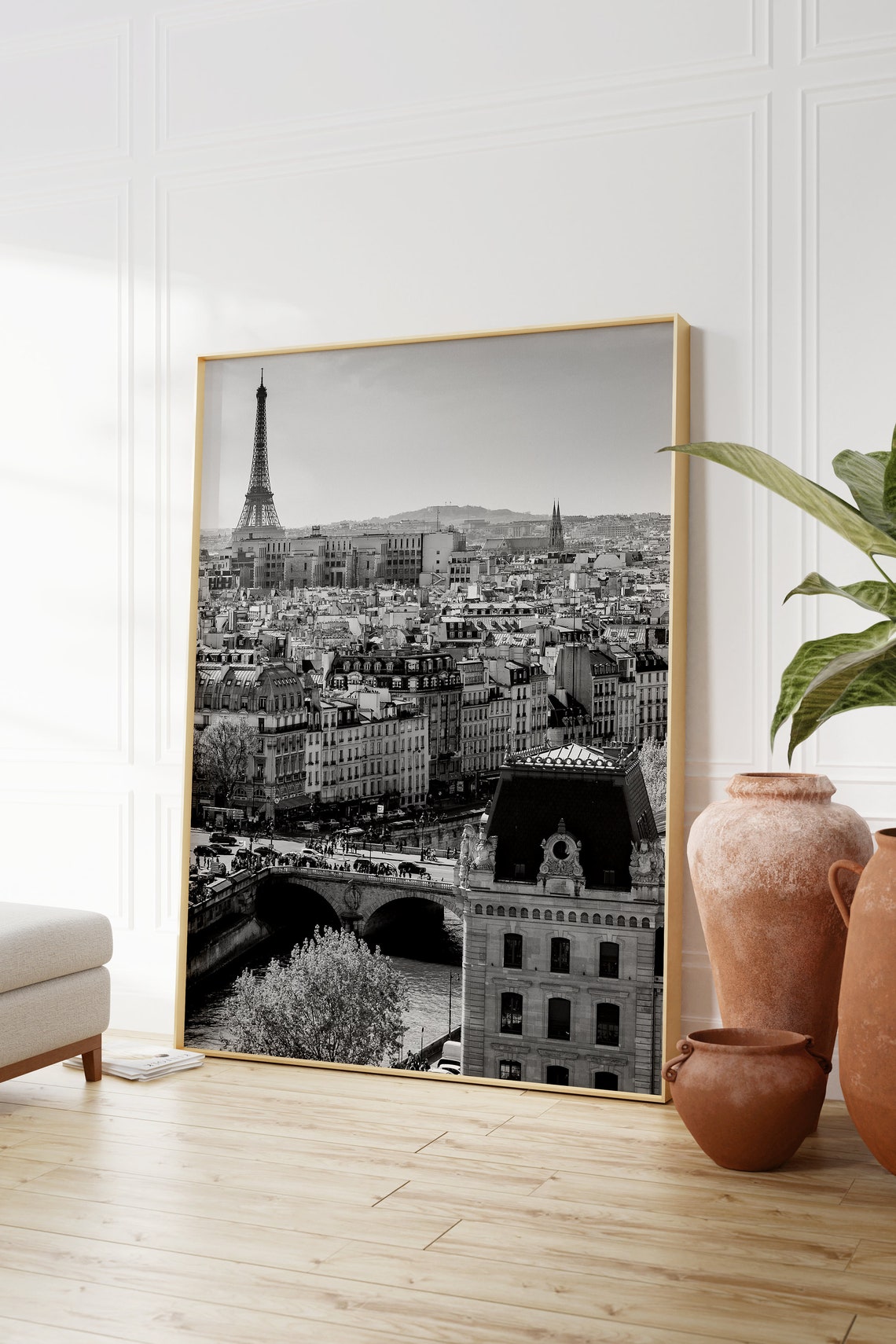 Paris Eiffel Tower Black White Rooftops Seine Bridge View Poster - Image 2