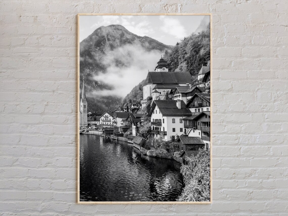 Black And White Austrian Lakeside Alpine Village Photo Poster