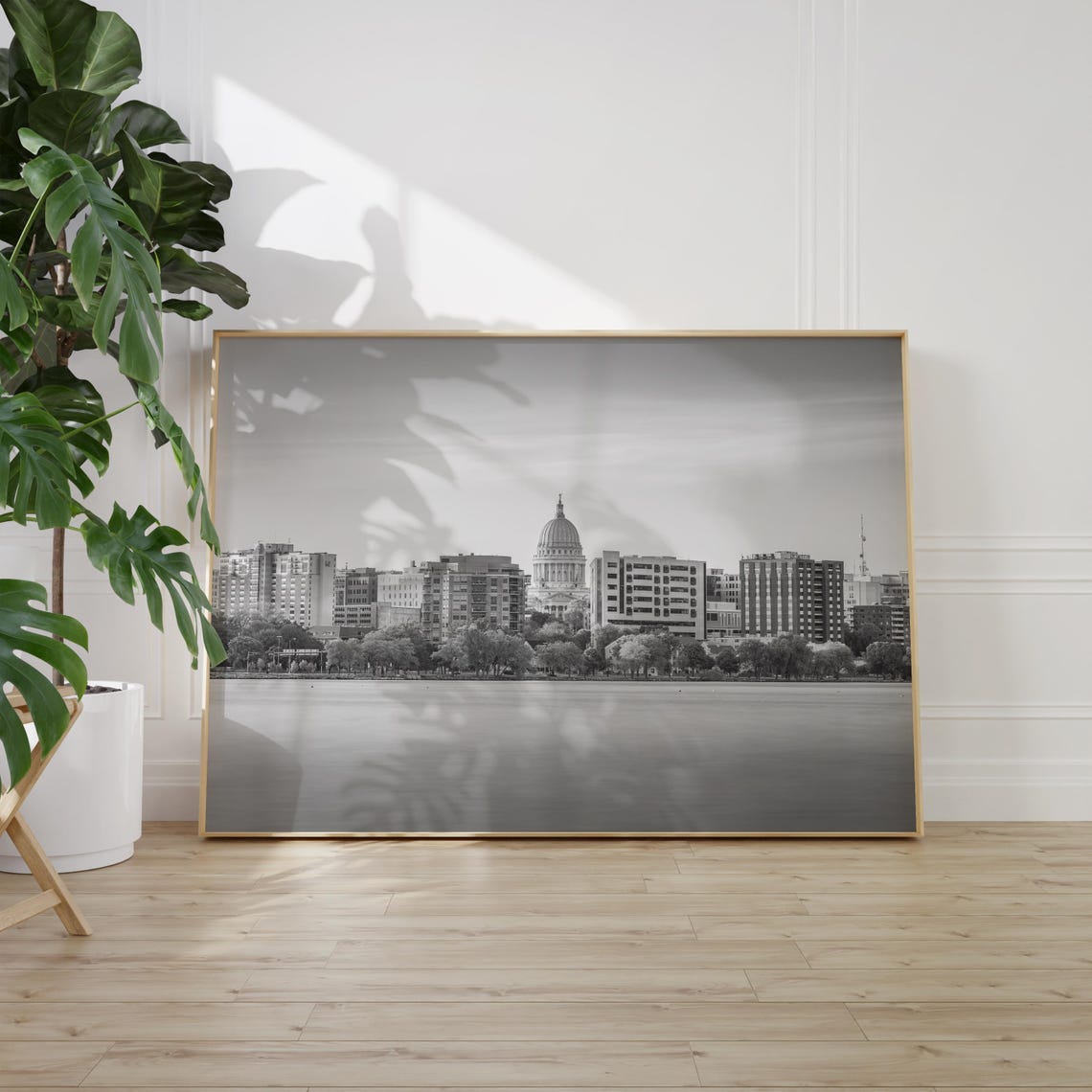 Madison Wisconsin Capitol Dome Black and White Lake Skyline Poster - Image 2