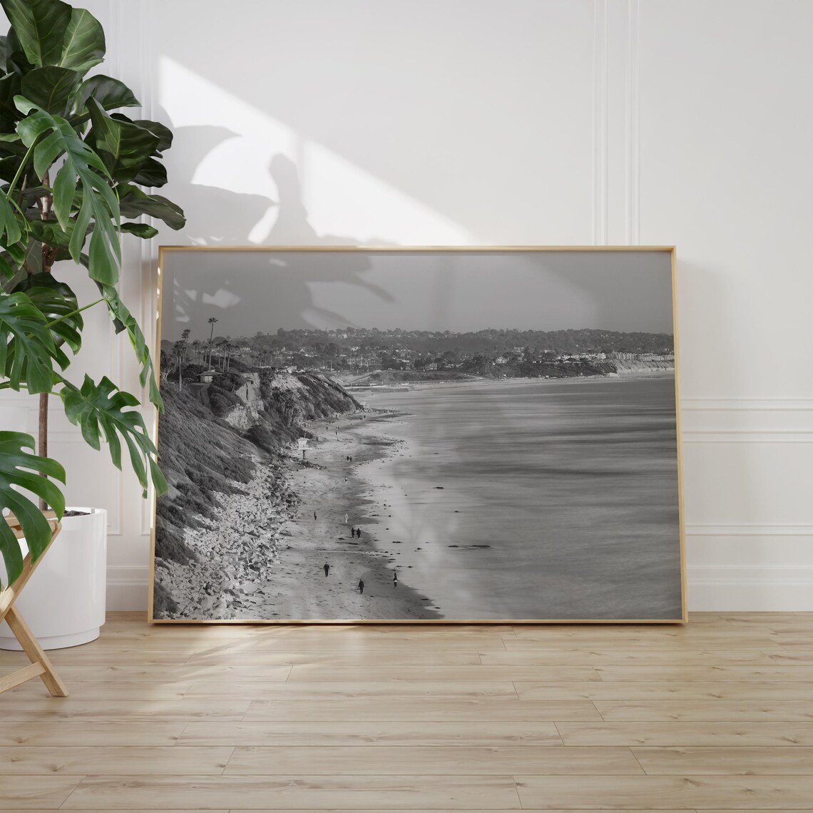 Encinitas Beach Cliffs and Shoreline Black and White Coastal Poster - Image 2