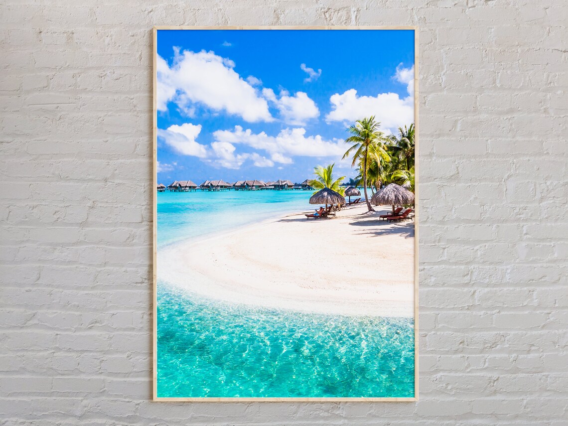 Tropical Beach Resort Palm Trees Umbrellas Turquoise Ocean Art Poster