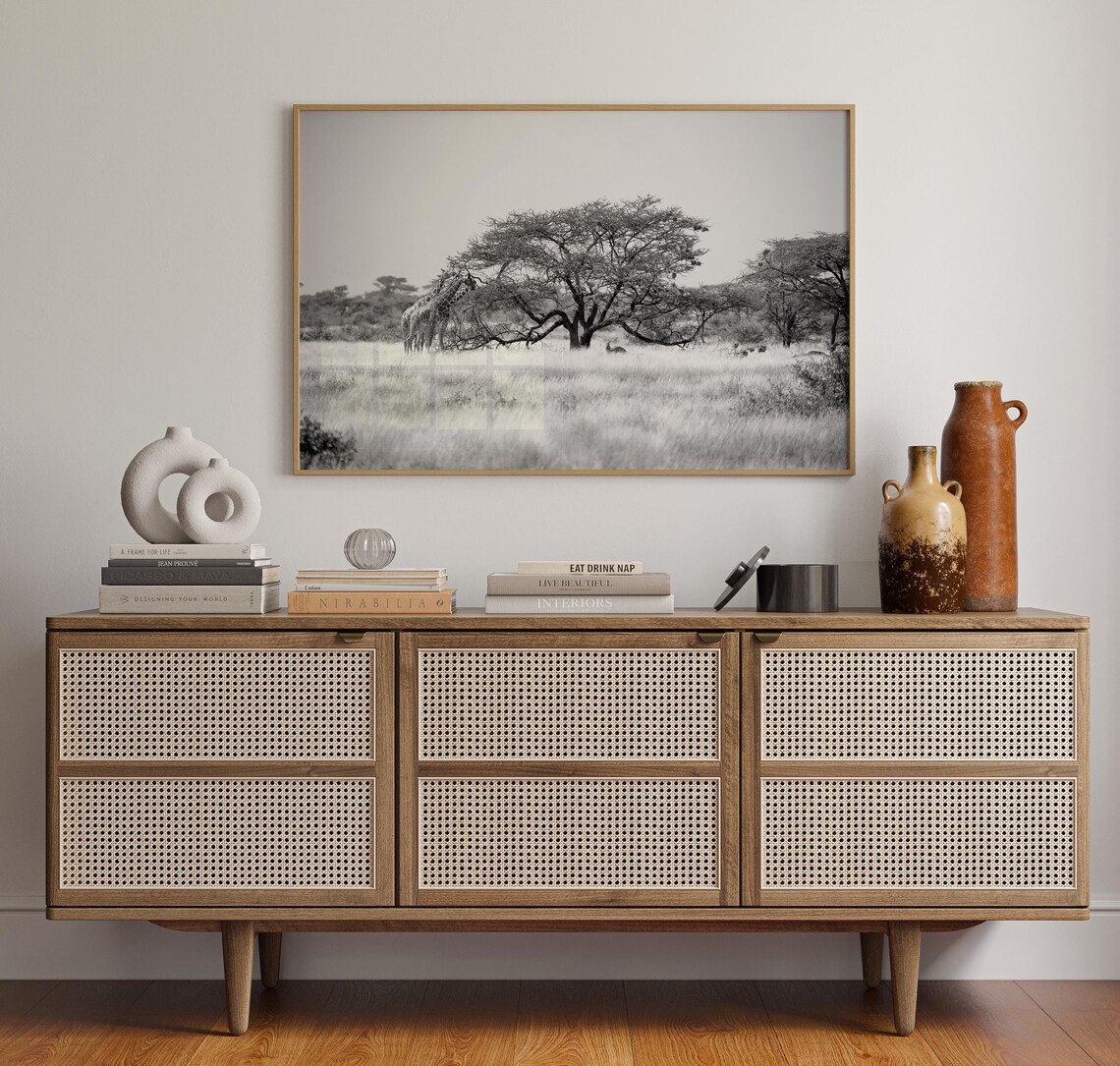 Somalia Giraffe Under Acacia Tree Savanna Black and White Poster - Image 4