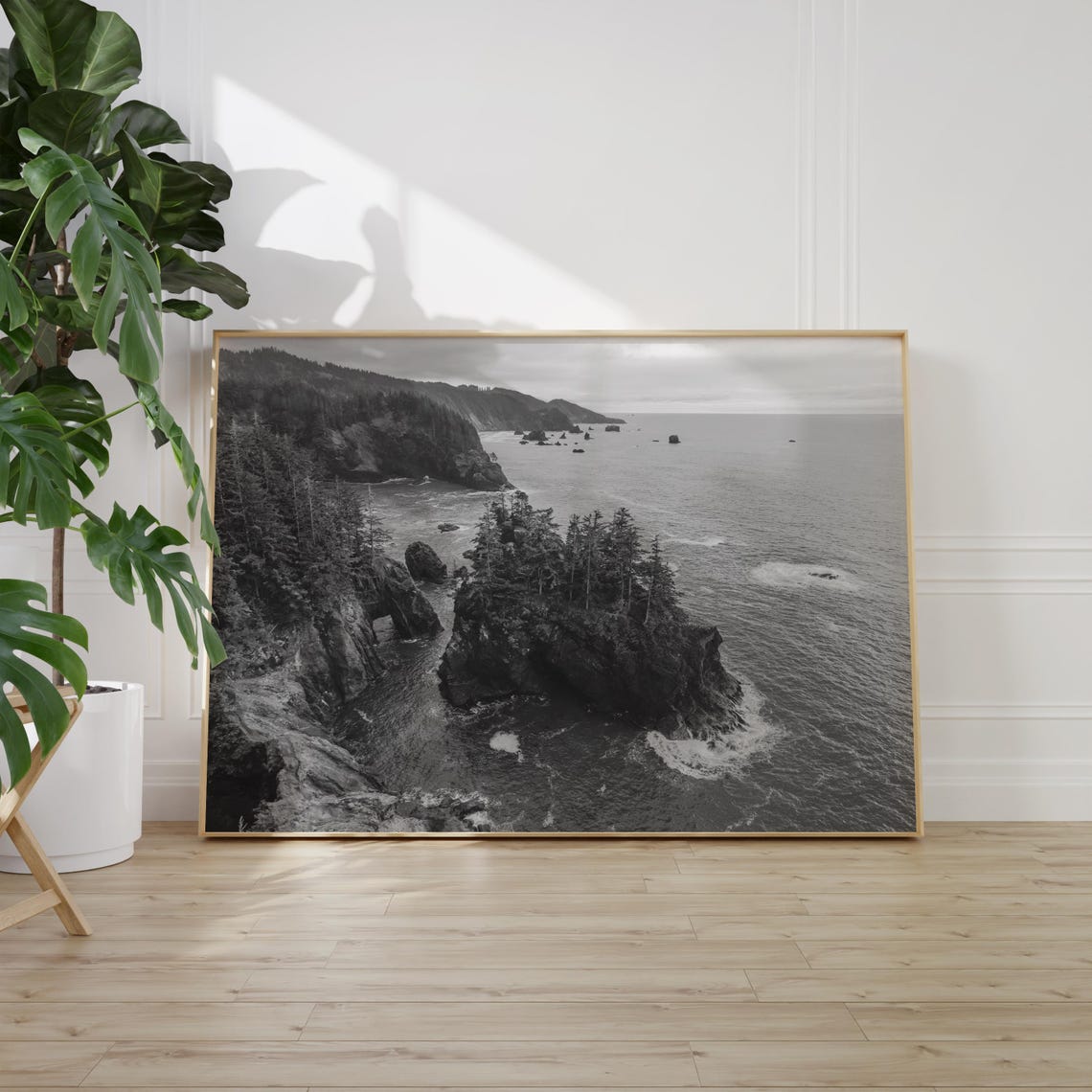 Oregon Coast Sea Stacks Black and White Forested Cliffs Poster - Image 2