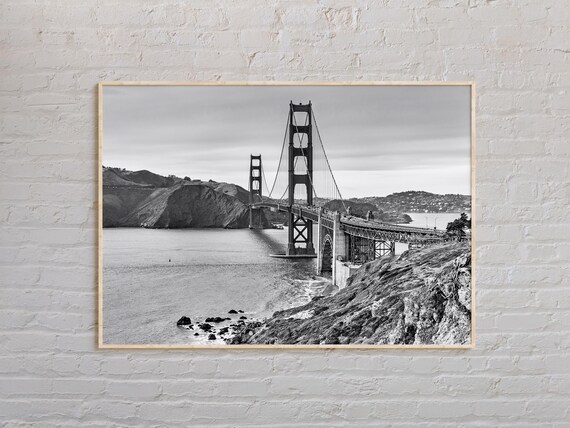 Black and White Golden Gate Bridge Bay Side View Photo Poster