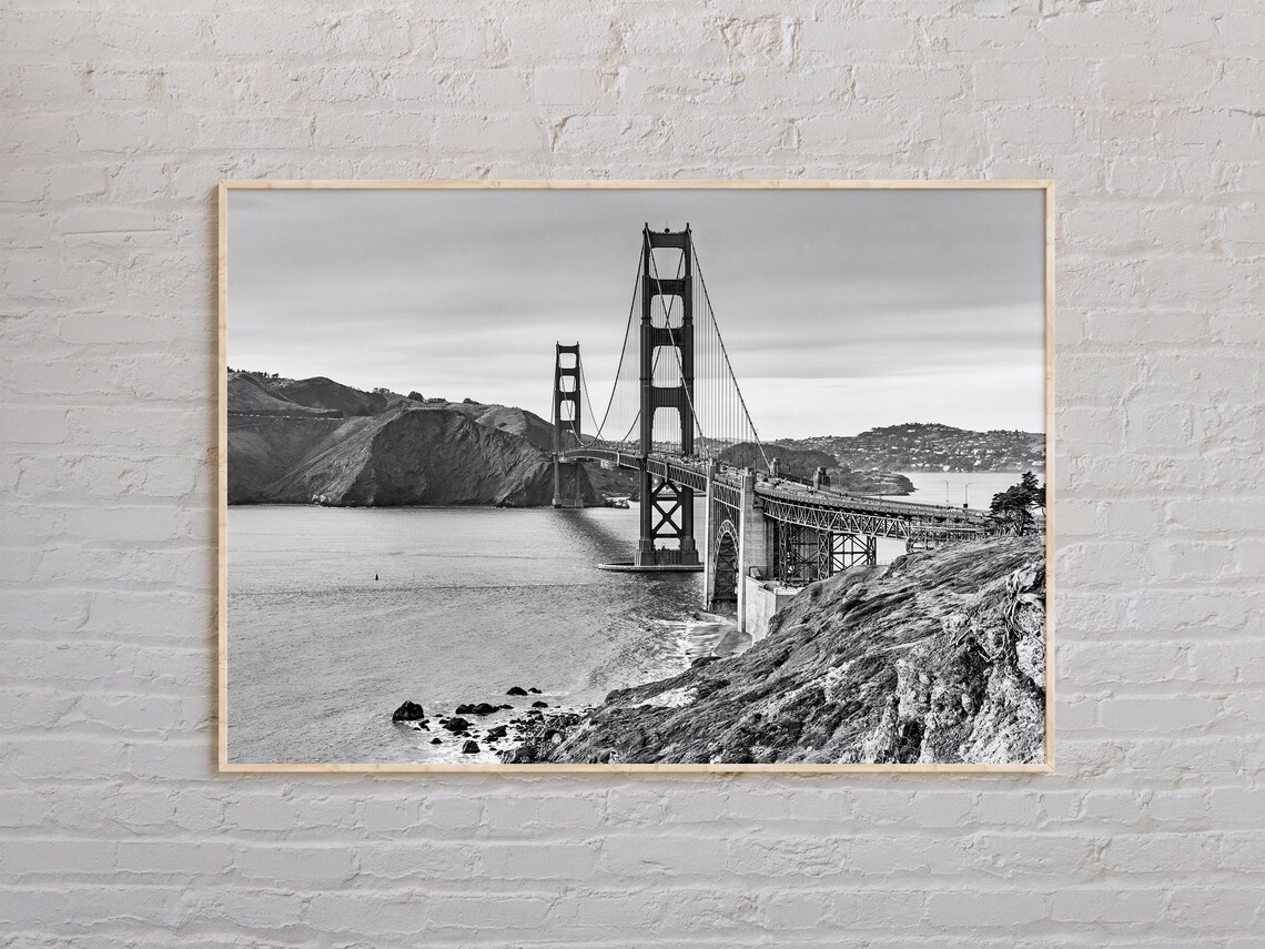 Black and White Golden Gate Bridge Bay Side View Photo Poster