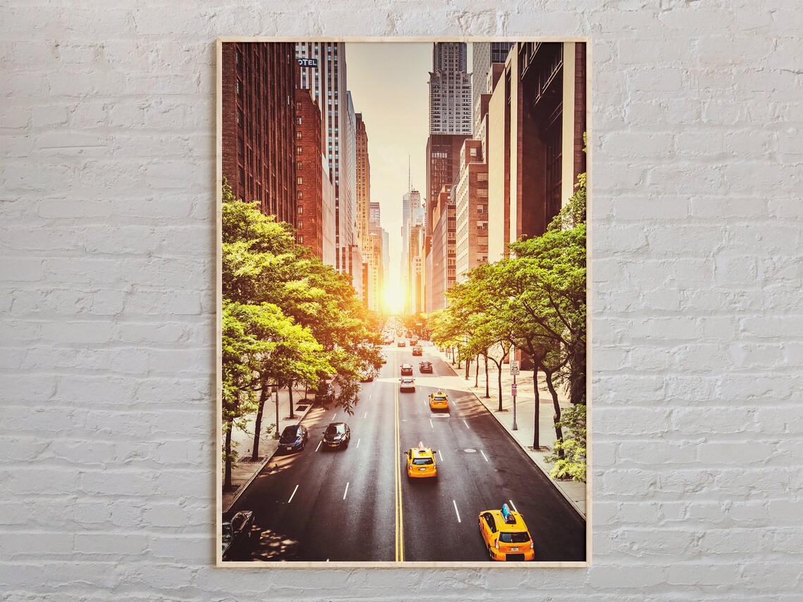 New York City Manhattan Street Sunset Yellow Cabs Avenue Poster