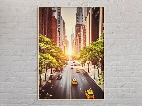 New York City Manhattan Street Sunset Yellow Cabs Avenue Poster