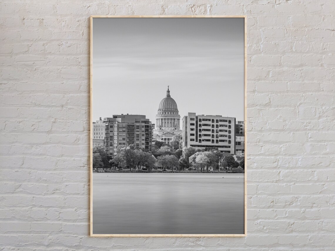 Black and White Madison Travel Poster, Wisconsin USA