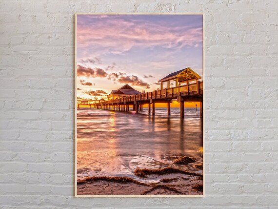 Clearwater Beach Pier Sunset Photo Golden Sky Over Ocean Poster