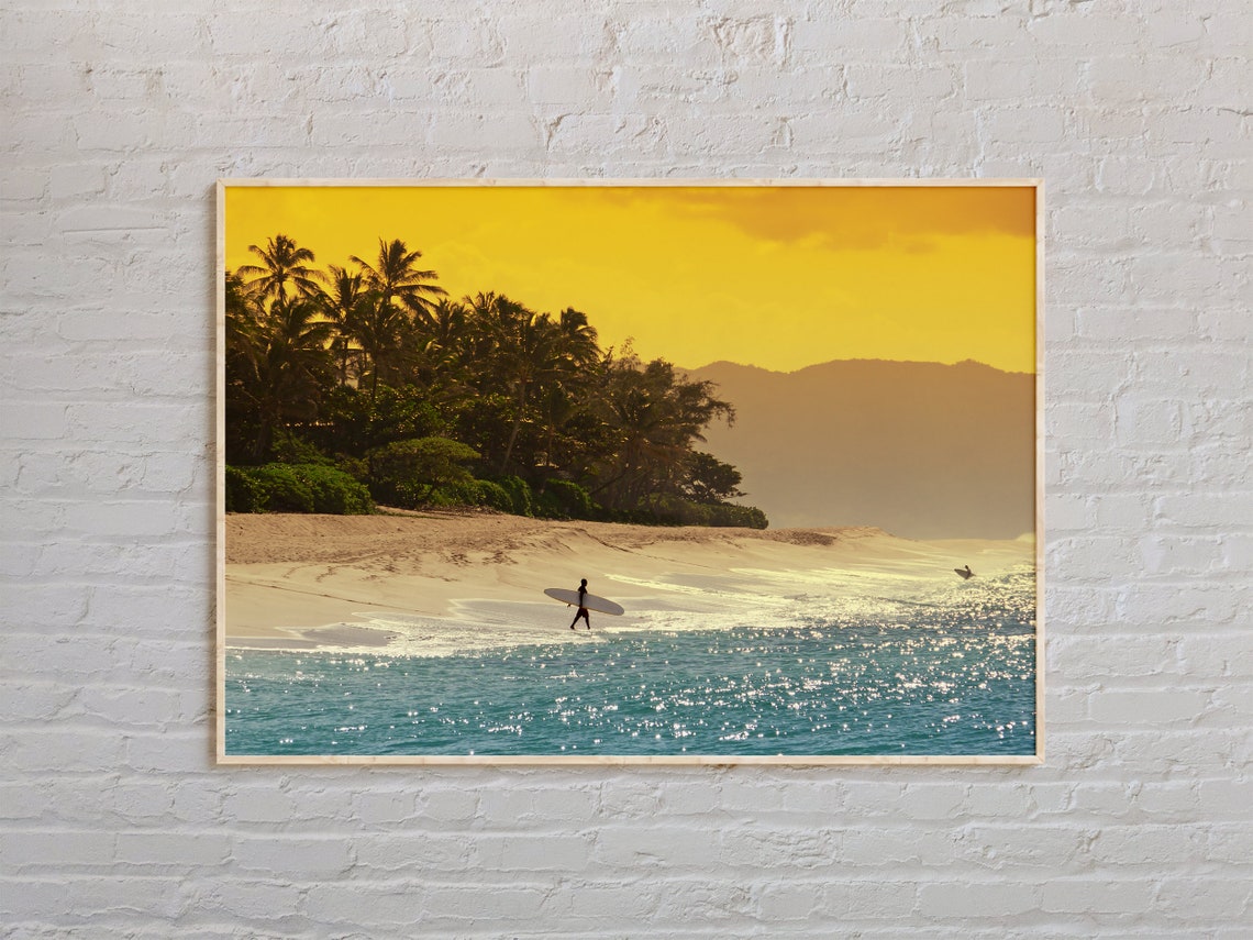 Surfer at Sunset on Tropical Beach Golden Hour Surf Photo Poster