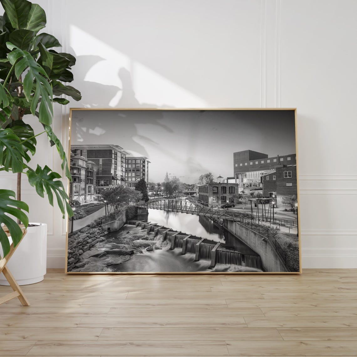 Greenville River Falls Footbridge Downtown Black and White Poster - Image 2