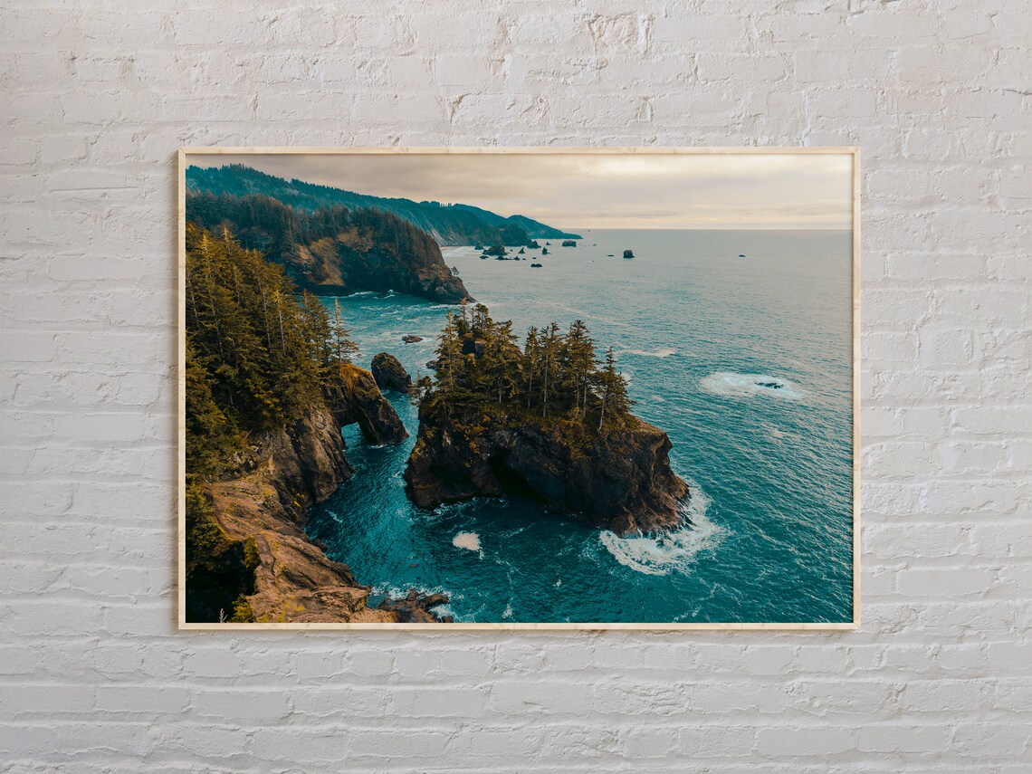 Oregon Coast Aerial Sea Stacks Pine Cliffs Teal Ocean Drone Poster