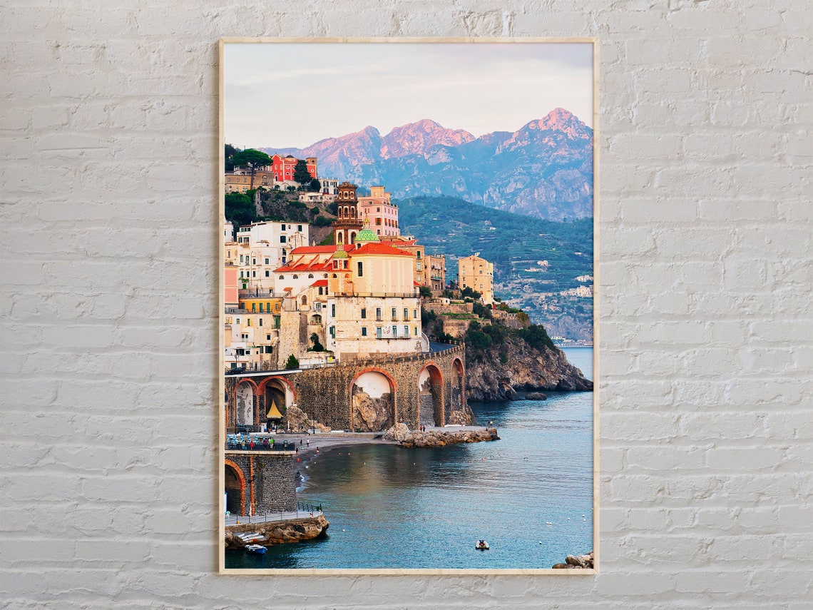 Amalfi Coast Cliffside Town at Evening Italy Travel Photo Poster