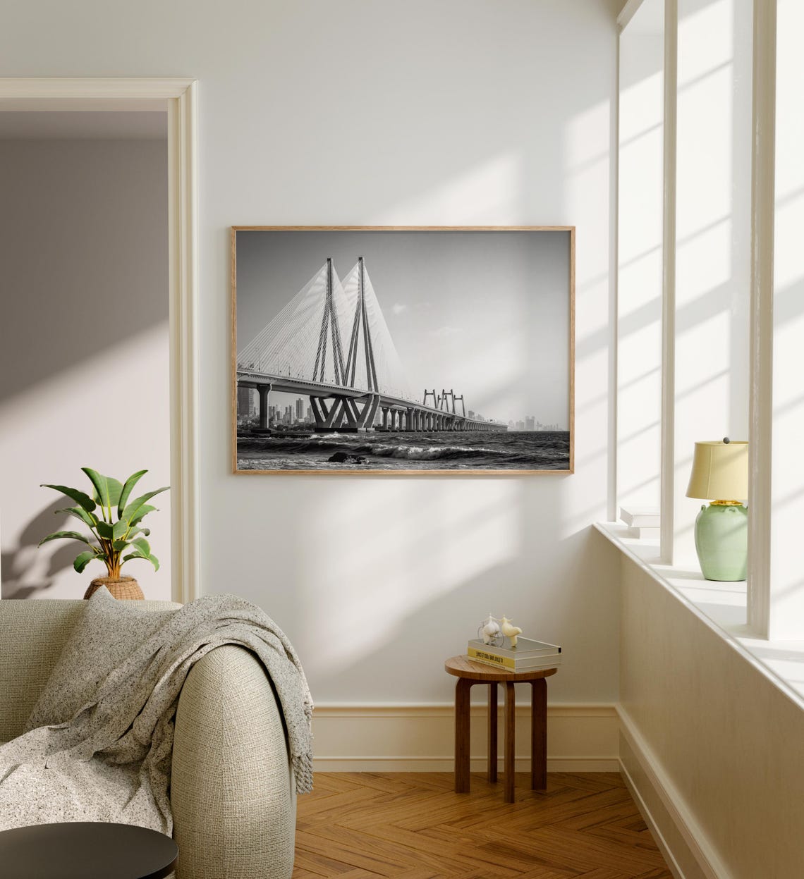 Mumbai Bandra Worli Sea Link Black and White Bridge Skyline Poster - Image 5