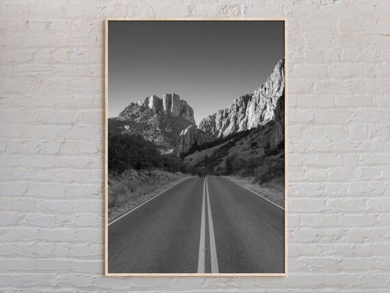 Black And White Texas Desert Highway Leading To Rocky Mountains Poster