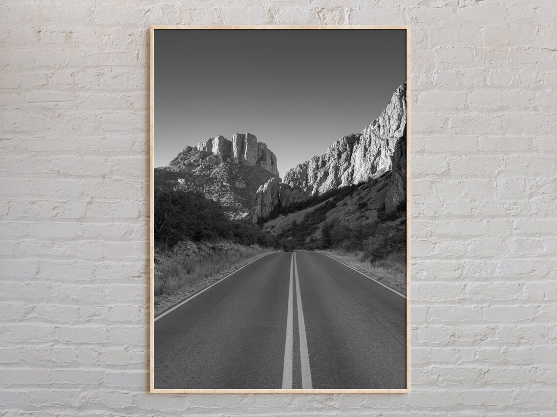 Black And White Texas Desert Highway Leading To Rocky Mountains Poster
