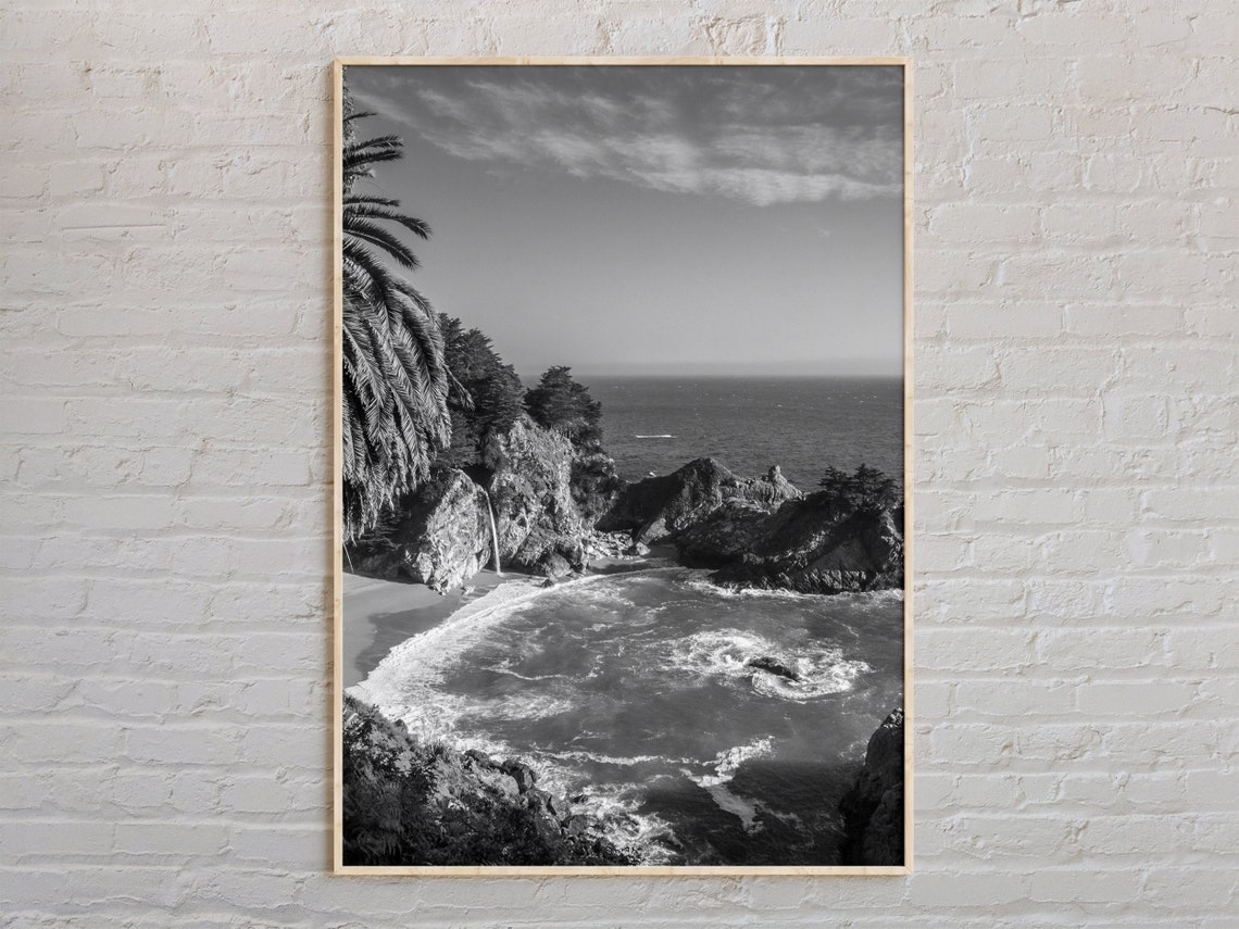 Big Sur Rocky Coastline Waterfall Black And White Photo Poster