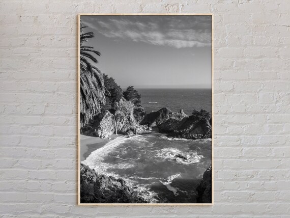Big Sur Rocky Coastline Waterfall Black And White Photo Poster