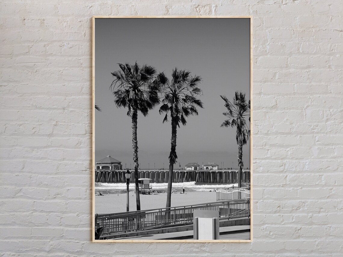Huntington Beach Pier Black and White Palm Trees California Wall Art