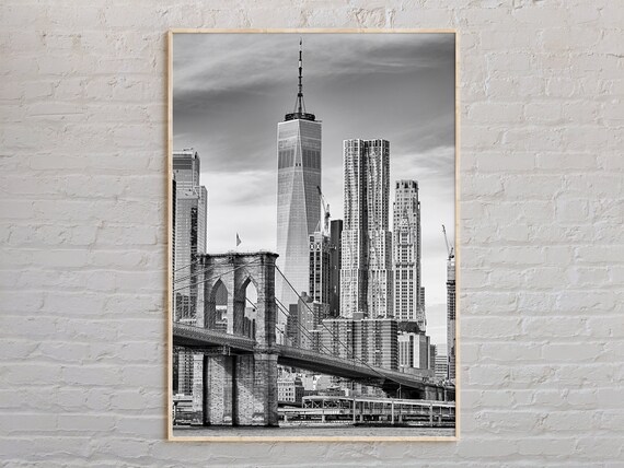 New York Brooklyn Bridge And One World Trade Center Black White Photo Poster